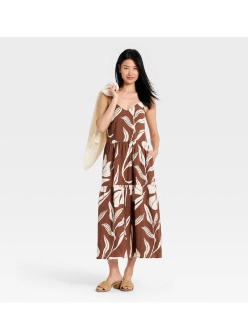 A New Day Tiered Maxi Dress - Brown/White Floral M - Picture 10 of 10